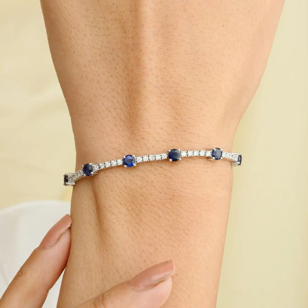 New Arrivals Latest Luxury Collection 100% Natural Blue Sapphire and Diamond Tennis Bracelet 18k White Gold Handmade Jewelry