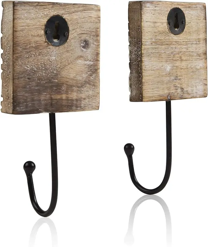 Set of 2 Decorative Wooden & Cast Iron Vintage Rustic Coat Hanger Wall Mounted Jacket Robe Towel Door Hook Rack Holder