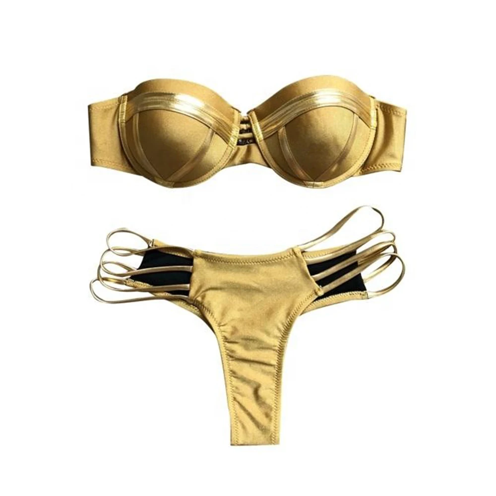 Women 1 Set Bikini Swimwear Super Soft Wear Resistant Nylon Bikini Bra Panties Set Solid Bathing Suit for Girl Pink Gold Bikini