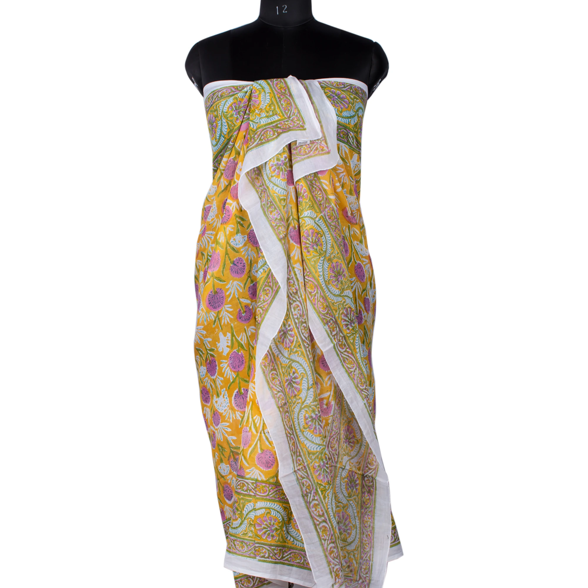 Winter Floral Block Printed Cotton Scarf Handmade Yellow Indian Stole Scarves-Summer Pareo Beach Sarong Swim Cover Ups Wholesale