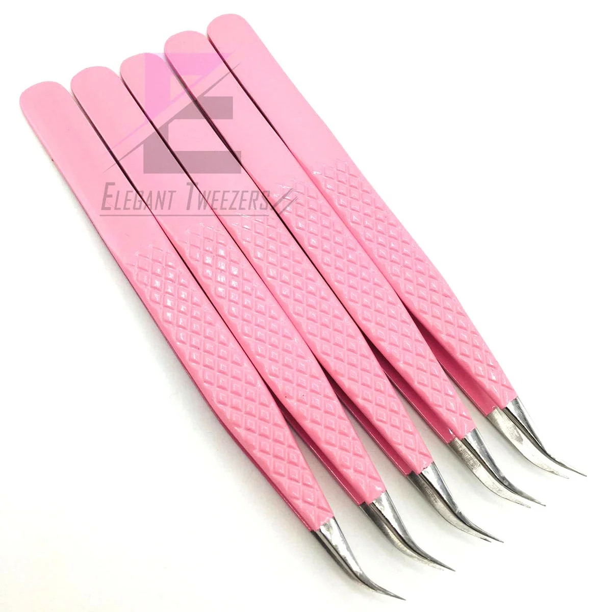 Pink Powder Coated With Sliver Tips Diamond Grip Eyelash Extension Tweezers Stainless Steel Custom Brand Name False Eyelashes