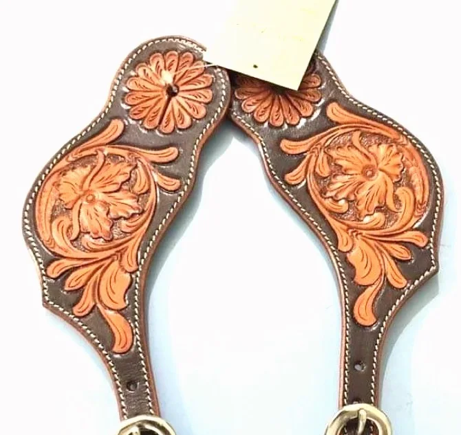 Leather very fine quality hand tolled antique Carving Spur Straps with brass fancy hardware fitting equestrian tack