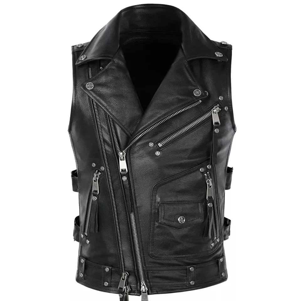 Profession Vintage Heavy Real Leather Motorcycle Biker Vest Lapel Zipper Sleeveless Jacket Genuine Cowhide Leather Vests.