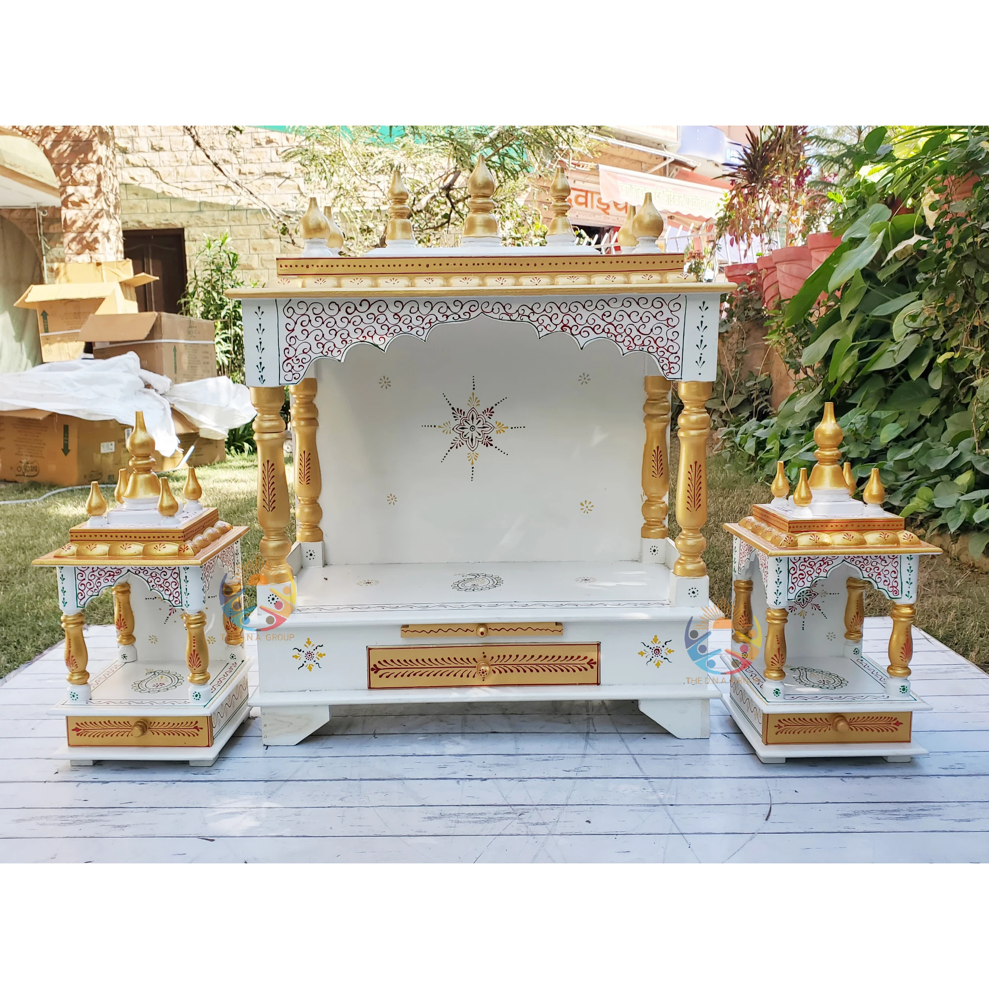 Indian Pooja Ghar Set of 3 with High-quality Craftsmanship Divine Decor Hand-painted Wood Mandir for Spiritual Home Accent