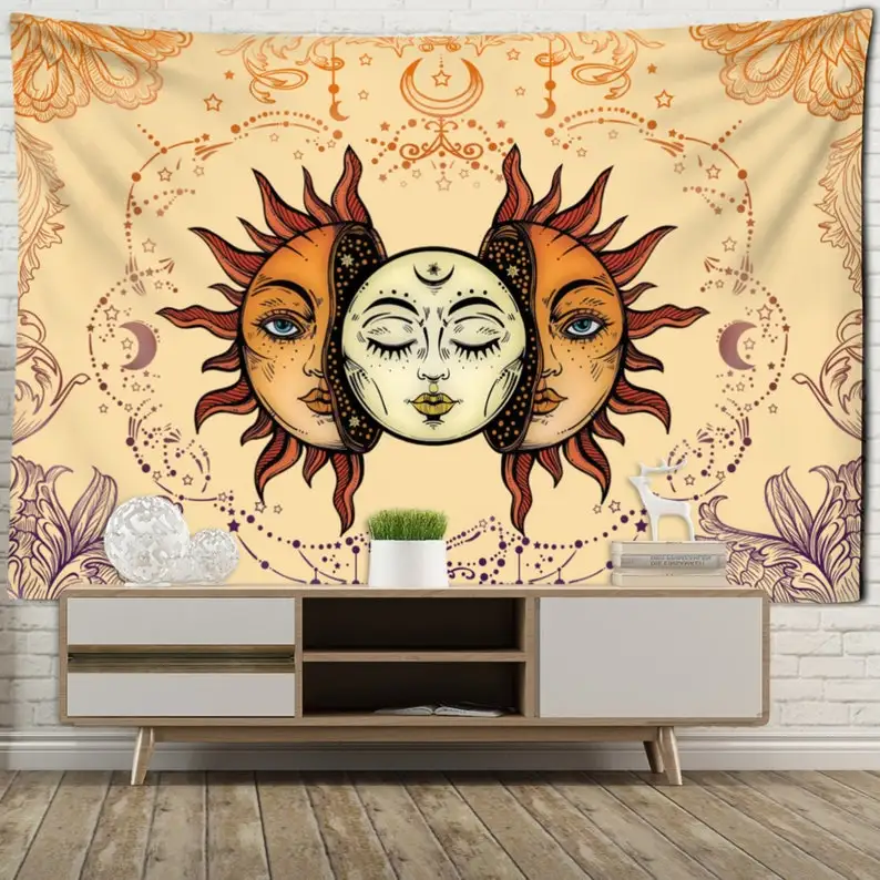 Tarot Card Sun and Moon Tapestry Mandala Wall Art Living Room Decor Astrology Tapestry Psychedelic Art Bohemian Stile Gifts OEM