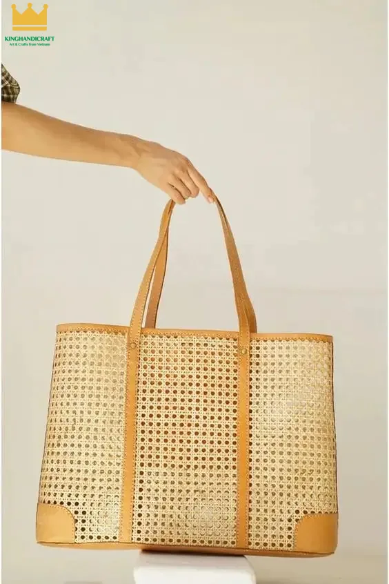 Beautiful Leather Handle Rattan webbing cane bag Wholesale price and Free Sample