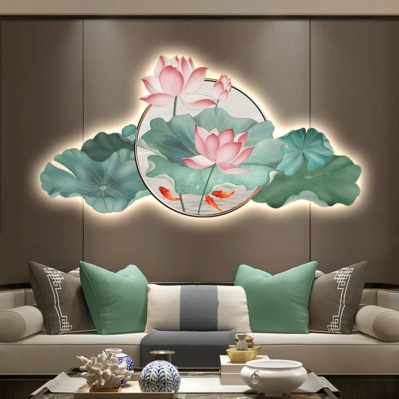 Chinese style lotus flower decorative painting LED wall art lamp flower living room villa mural living room wall art