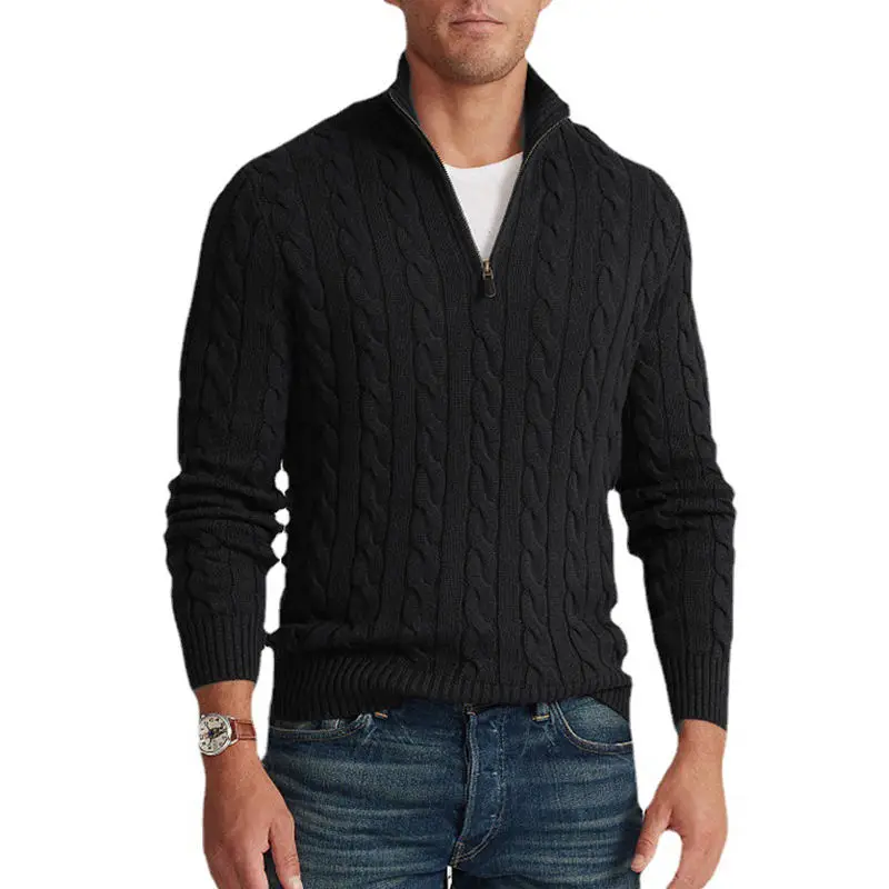 Wholesale new Cashmere Turtleneck Jacquard Sweater Custom Design Men Fleece Cable Half Zip Up High Neck Pullover Knitted Sweater