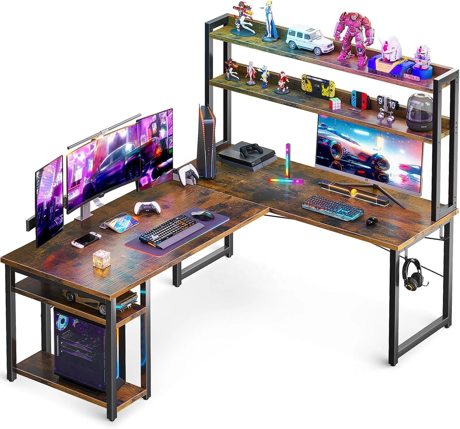 L Shaped Gaming Desk with Hutch Computer Desk with Storage Shelves for Bedroom