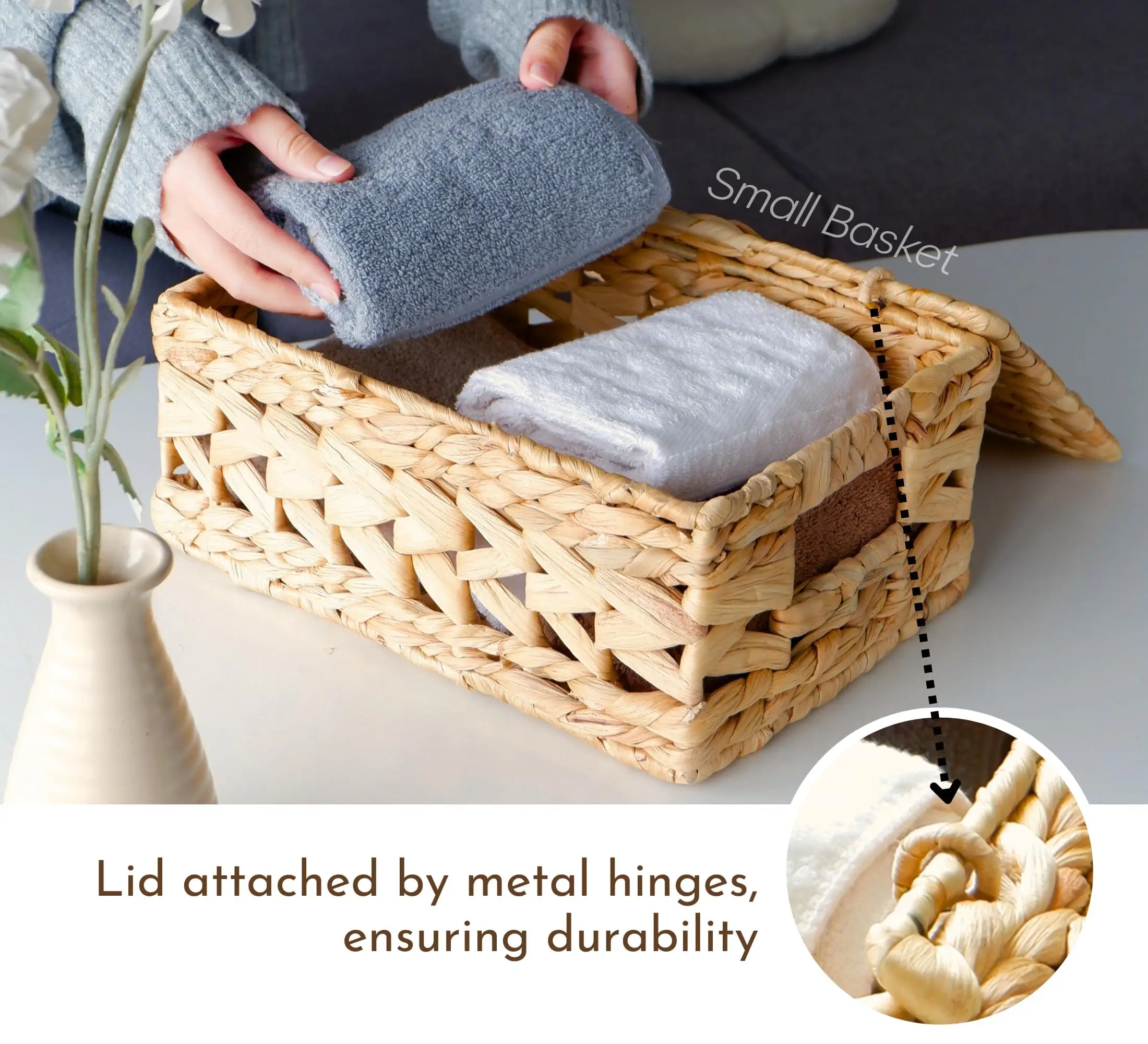 Wicker Storage Baskets with Lids, Set of 3 Rattan Lidded Hyacinth Baskets for Organizing Woven Large Rectanguarlar Basket Boxes,