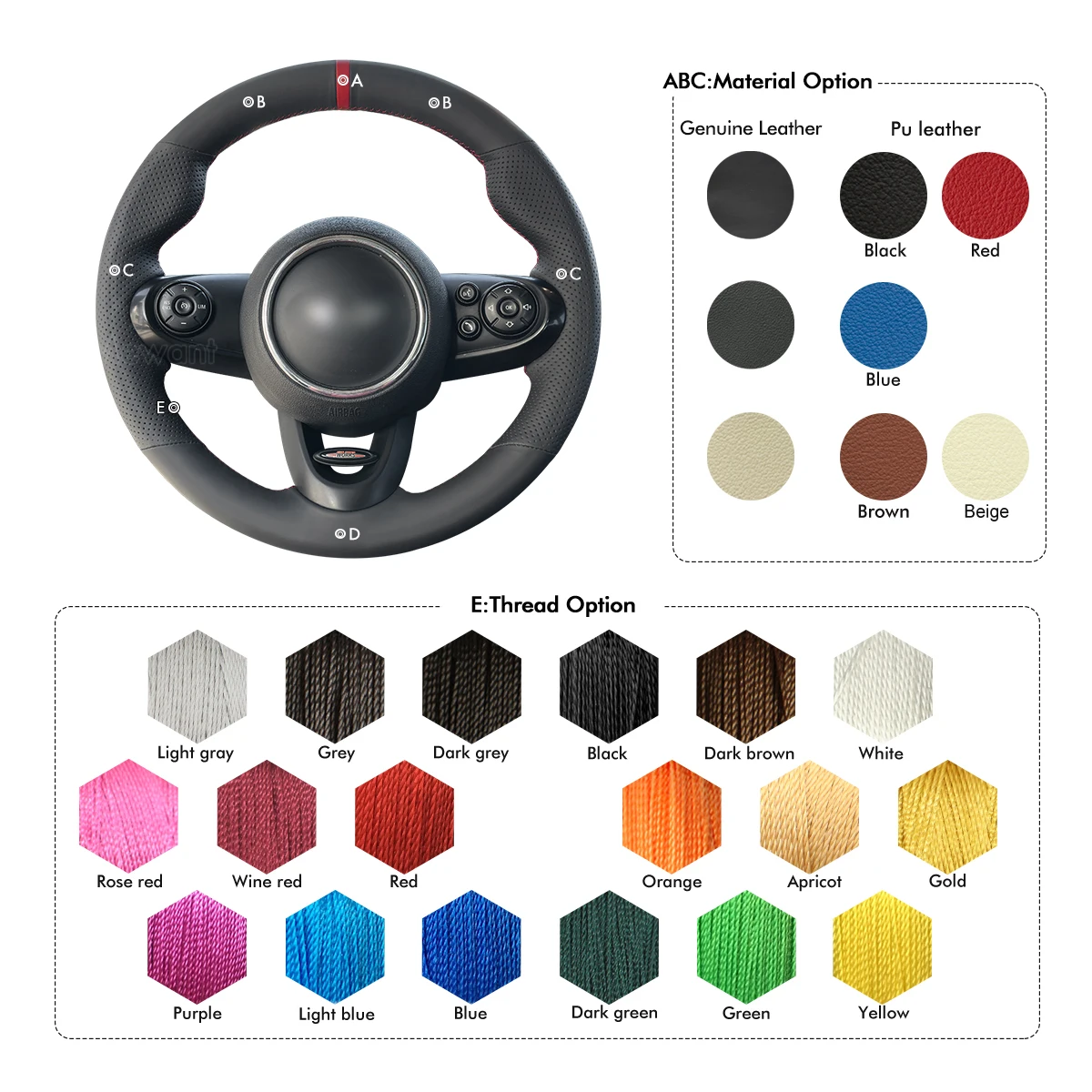 Hand Stitching PU Leather Custom Steering Wheel Cover Wrap for Mini Hatchback F56 JCW Clubman Convertible Countryman 2014-2020