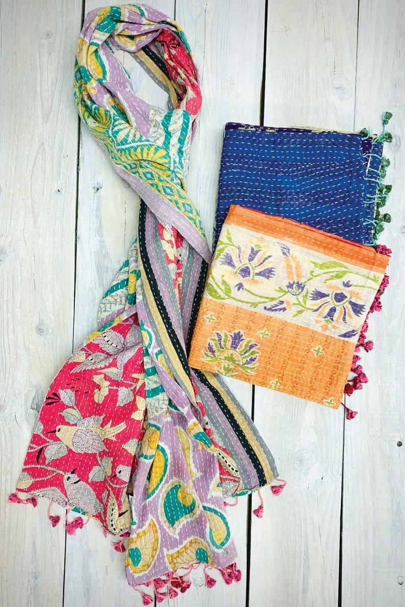 Vintage Kantha Scarf Bohemian Reversible Double Layer Cotton Kantha Scarves Stole Headwraps Shawl