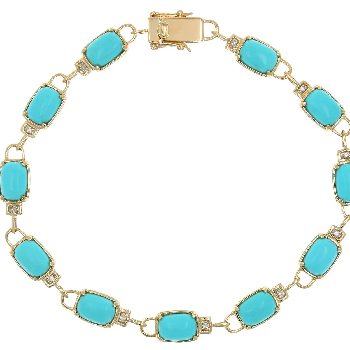 Blue Sleeping Beauty Turquoise with White Diamond Rhodium over 14K Yellow Gold Bracelet | Elegant Fine Jewelry Gemstone Accents
