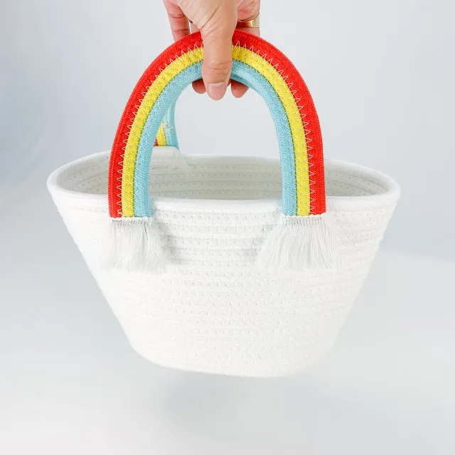 Woven Basket with Rainbow Handle Portable Reusable Storage Basket Cotton rope Handbag with Tassel for Woman