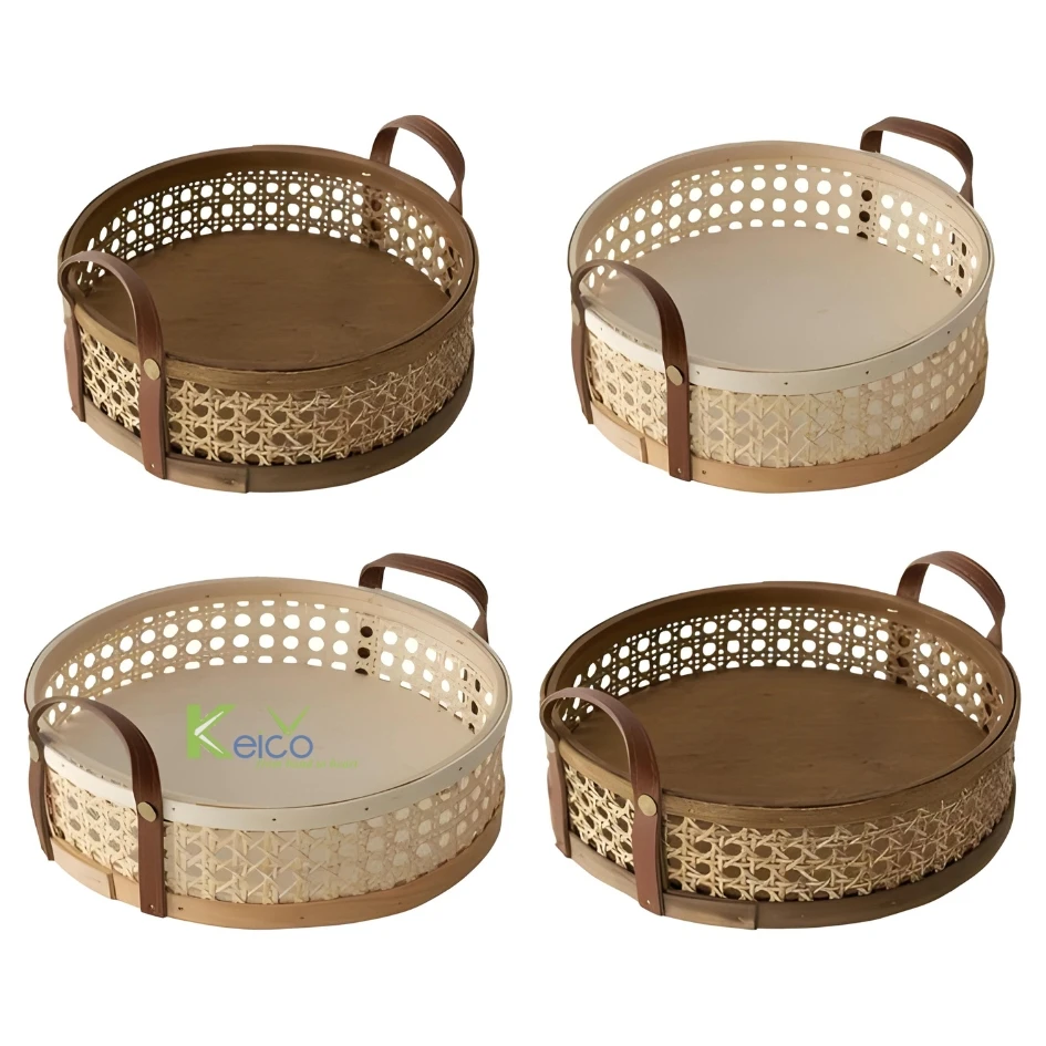 Customize Color and Size Round Wood and Rattan Webbing Tray with Faux Leather Handle Handmade Serving Trays for Storage & Decor