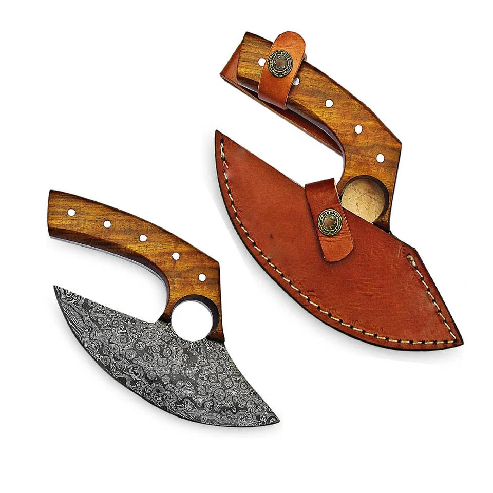 Damascus Steel Ulu Kitchen Chef Knife| High Quality Damascus Steel Ulu Knives with Wooden Handle and Leather Sheath