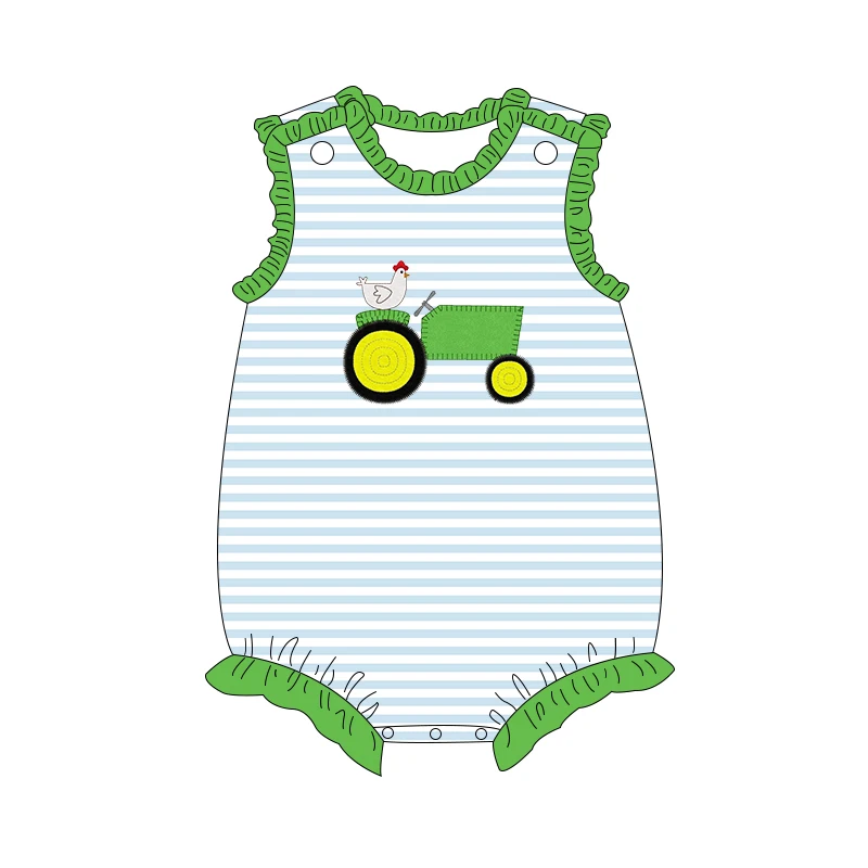 Custom new design tractor farm set boy and girl applique stripe print set boutique embroidery baby sleeveless romper