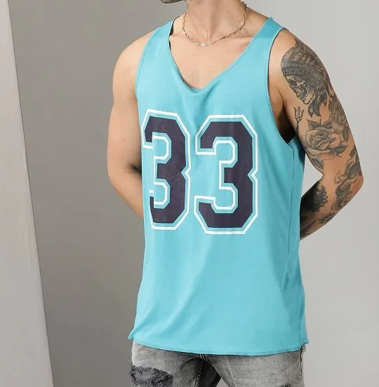 Custom Hip Hop Street Style Wear Sleeveless Tshirt For Men Sea Green No Printed V-Neck Raw Edge T-shirt Knitted Polyester Fabric