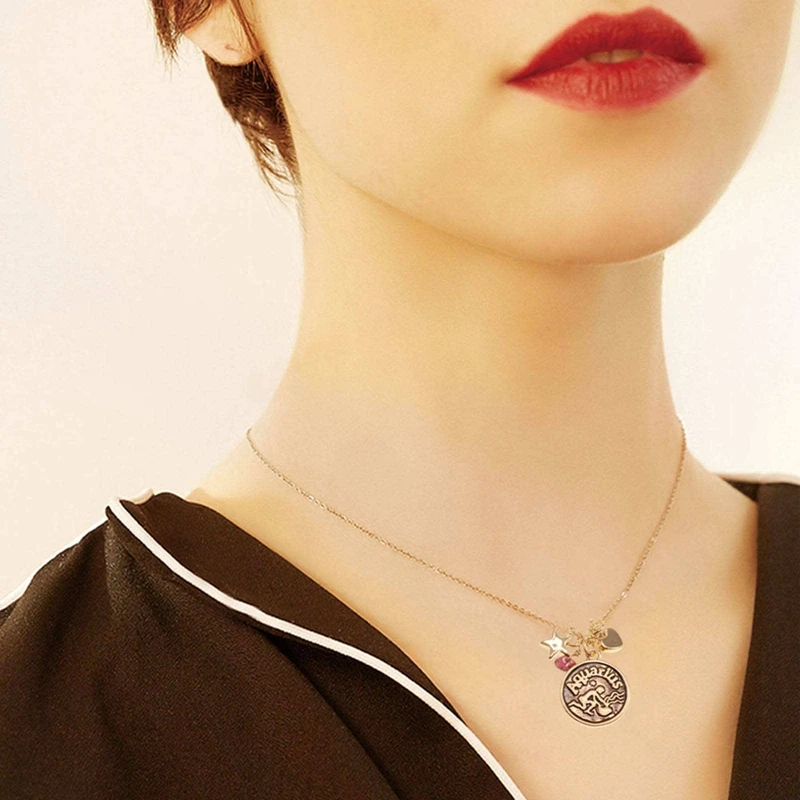 Custom Initial Disc Necklaces Gold Plated Heart Star Zodiac Coin Pendant Necklace Round Horoscope Zodiac Necklace