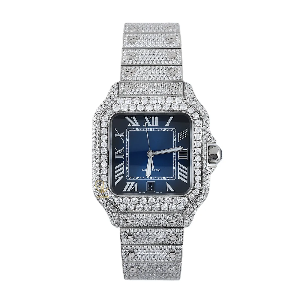 New Arrivals Iced Out VVS Moissanite Diamond Blue Dial Auto Date Skeleton Square Bezel Hiphop Wrist Watch For Men