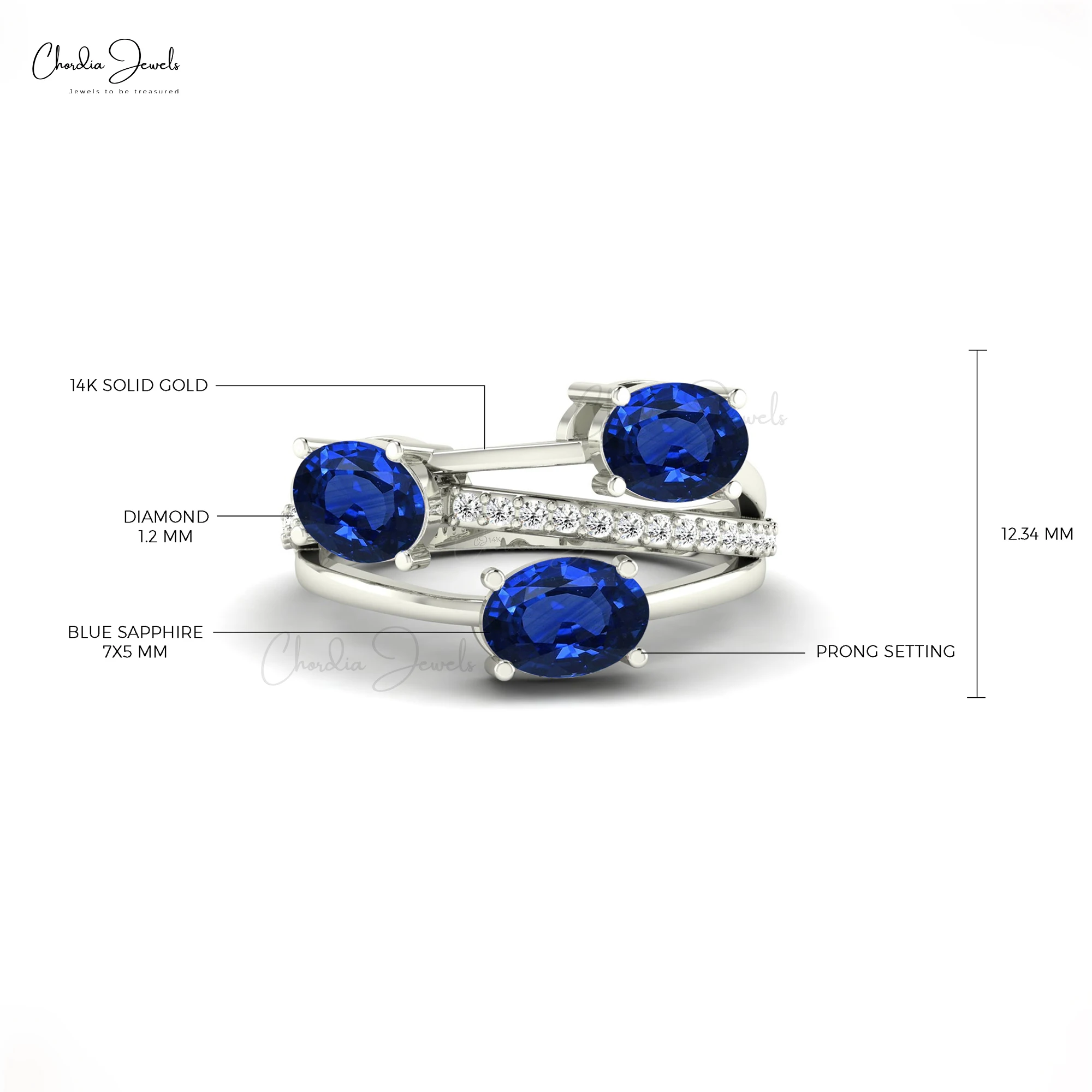 MOQ 1 PC Custom High Quality 14K Gold Diamond Wedding Ring With Blue Sapphire 7X5MM Oval Cut Three Stone Jewelry Bulk Wholesale