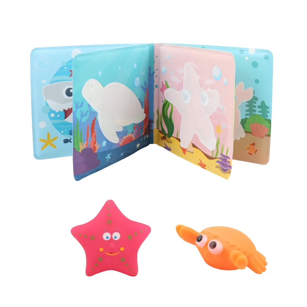 Waterproof baby bath book bathing play toy magic books change color in water with soft glue marine animal press the pinch sound