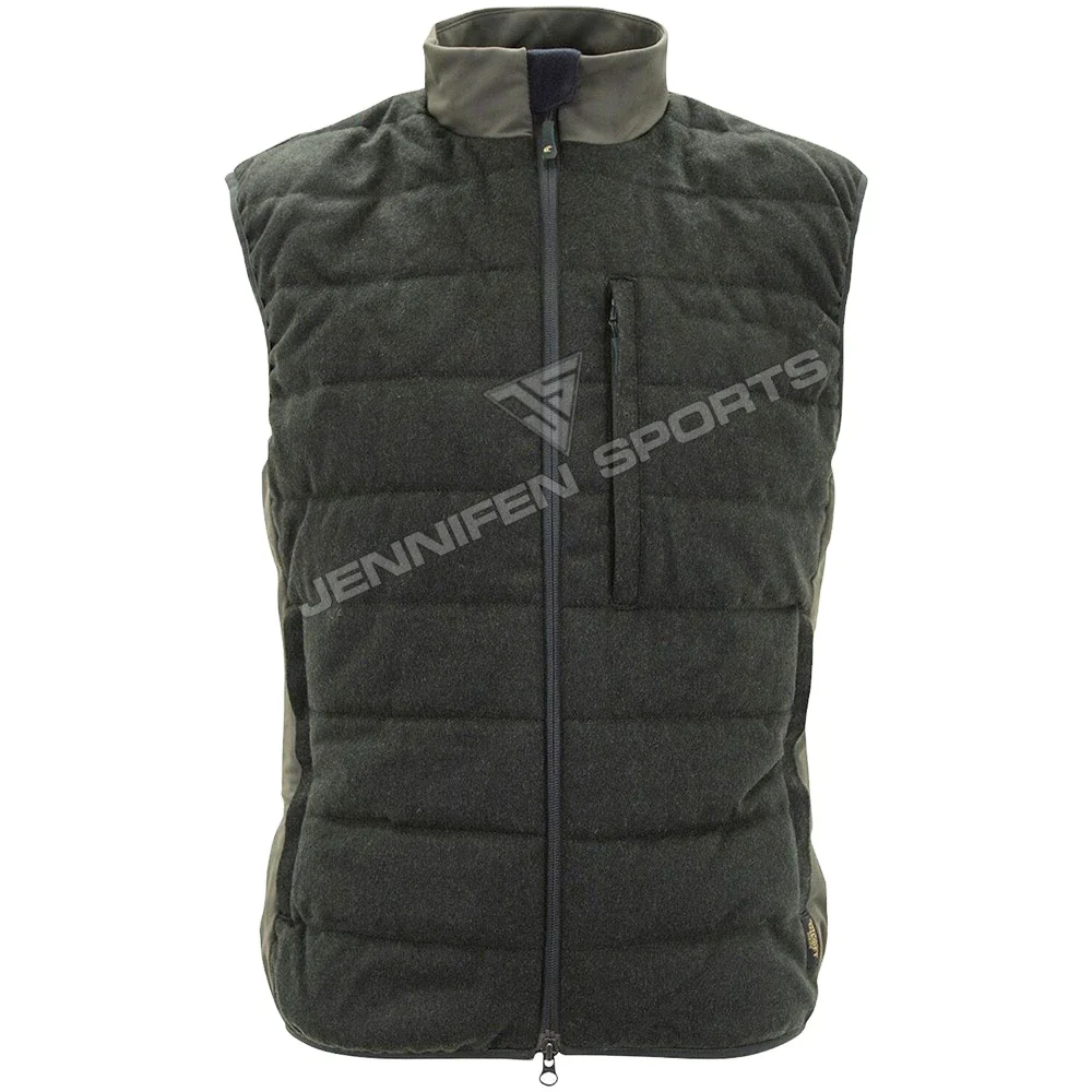 Winter Outdoor Men Hunting Vest Shell Material 100% Wool  Fabric Custom Zipper Closing Front Pockets Inside Polyester Lining