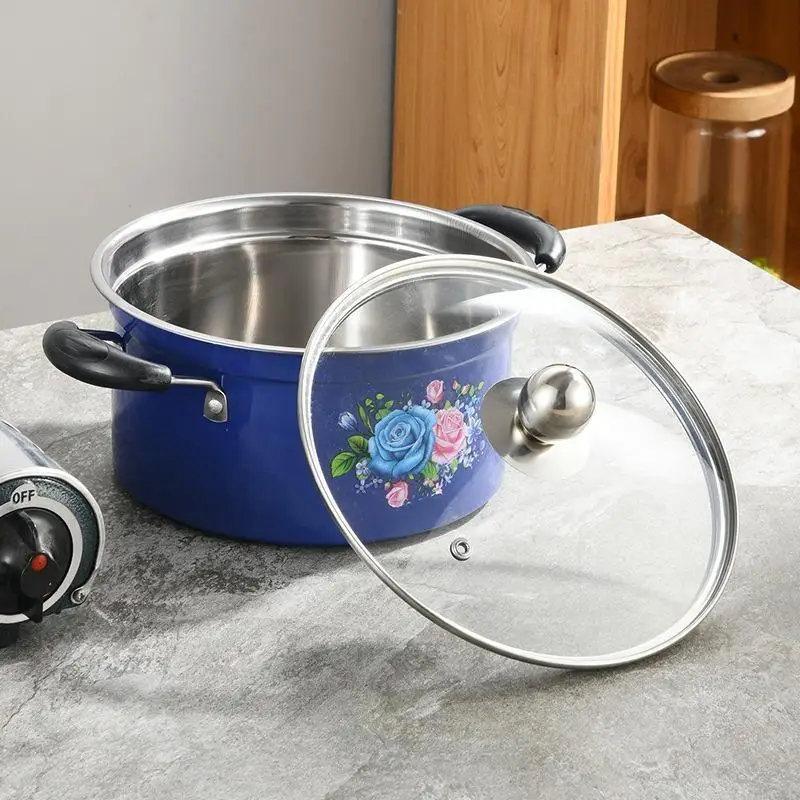 DS29 Factory Direct 3 Pcs Stainless Steel Soup Pot Non Stick Blue Cooking Pot Set With Lid