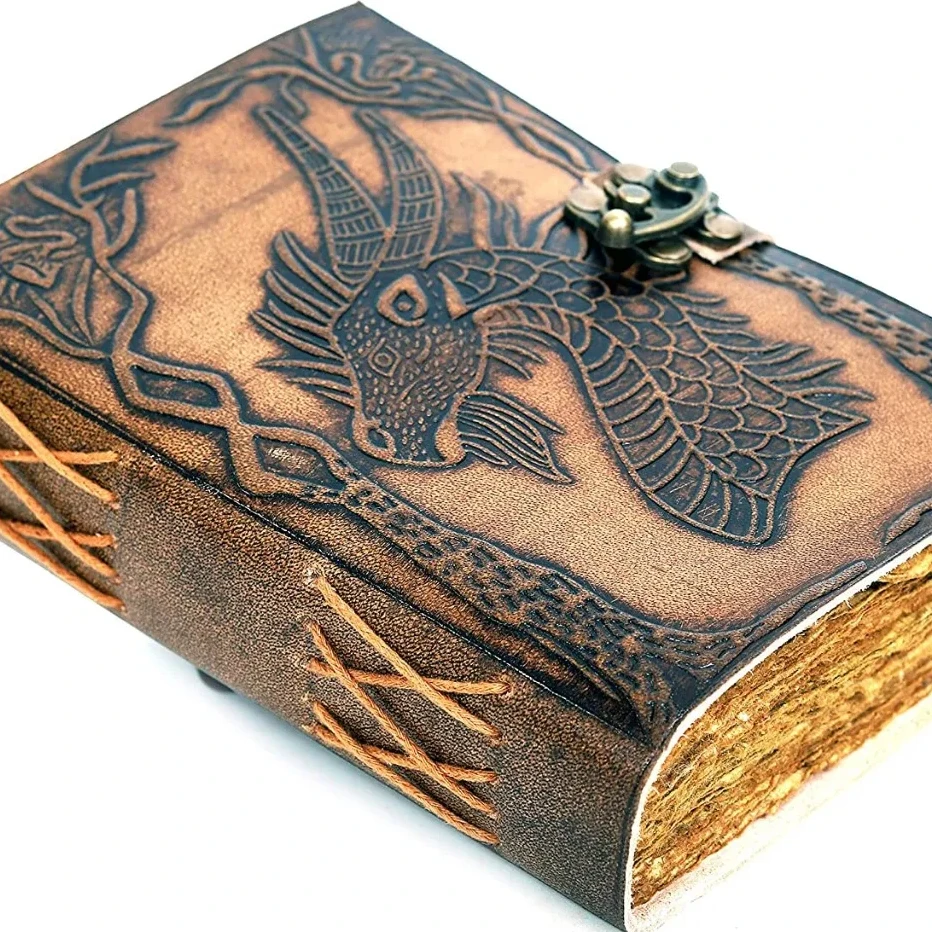 Vintage Leather diary notebooks Dragon embossed Handmade journal with vintage deckle edge cotton paper Sketch & calligraphy book
