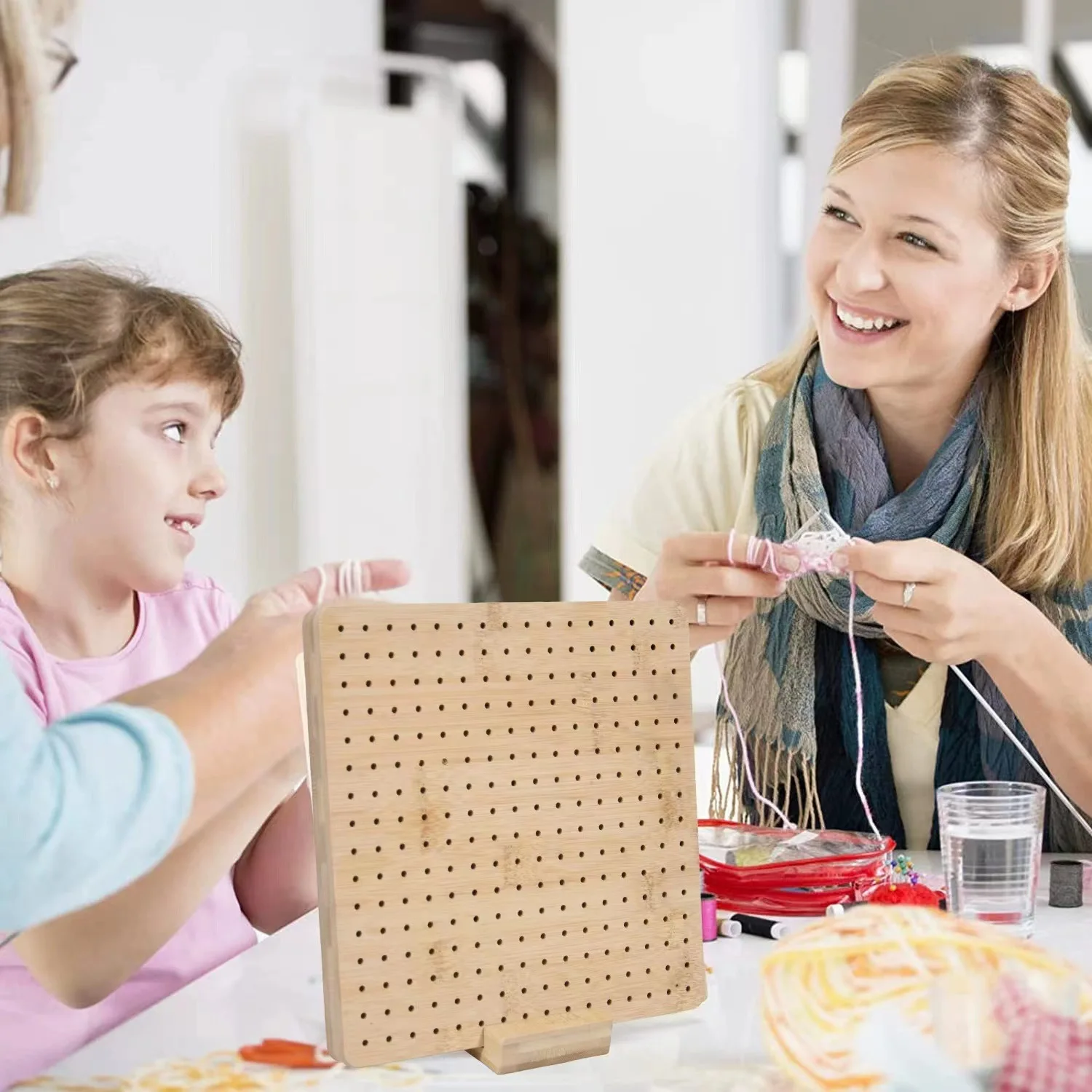 Bamboo Wood Weaving Board with Folk Art Style Handmade Crochet for Weaving Stainless Steel Needle Square Wooden Weaving Hook