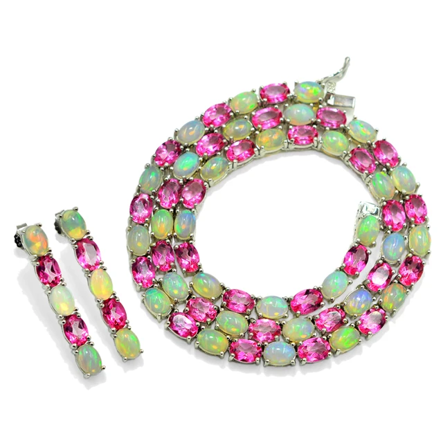 Новая трендовая подвеска 2022 натуральный розовый Опаловый топаз 7x5 мм 925 стерлингового серебра теннисном стиле ожерелье серьги набор экспортер из Индии