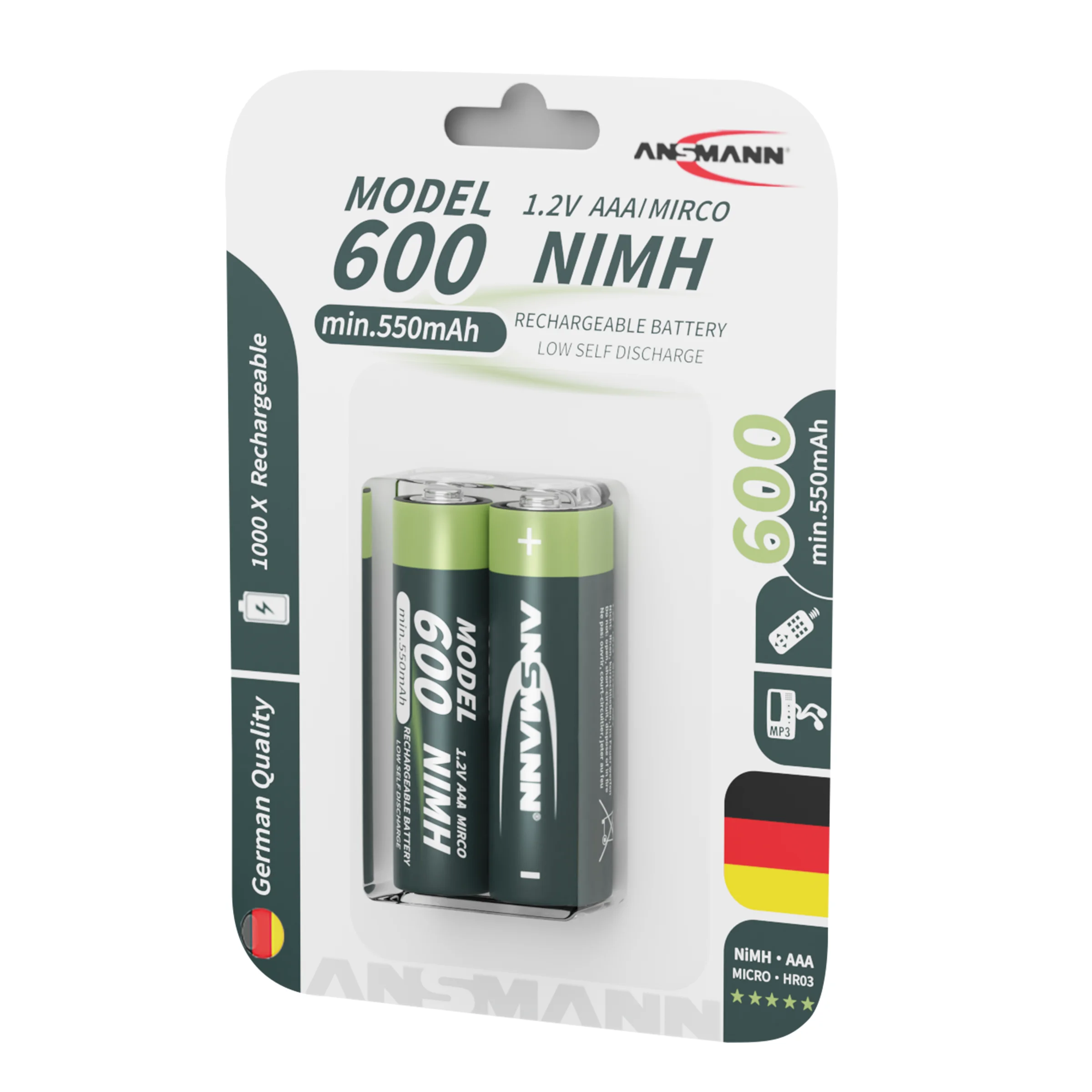 Ansmann 2 Pieces pack 550mAh ni-mh 1.2v aaa battery rechargeable battery for solar light