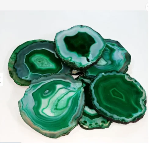 Natural Agate Wholesale Gemstone Art Kitchen Ware Green Agate Slice Coaster Cup Mat With Gold Coated