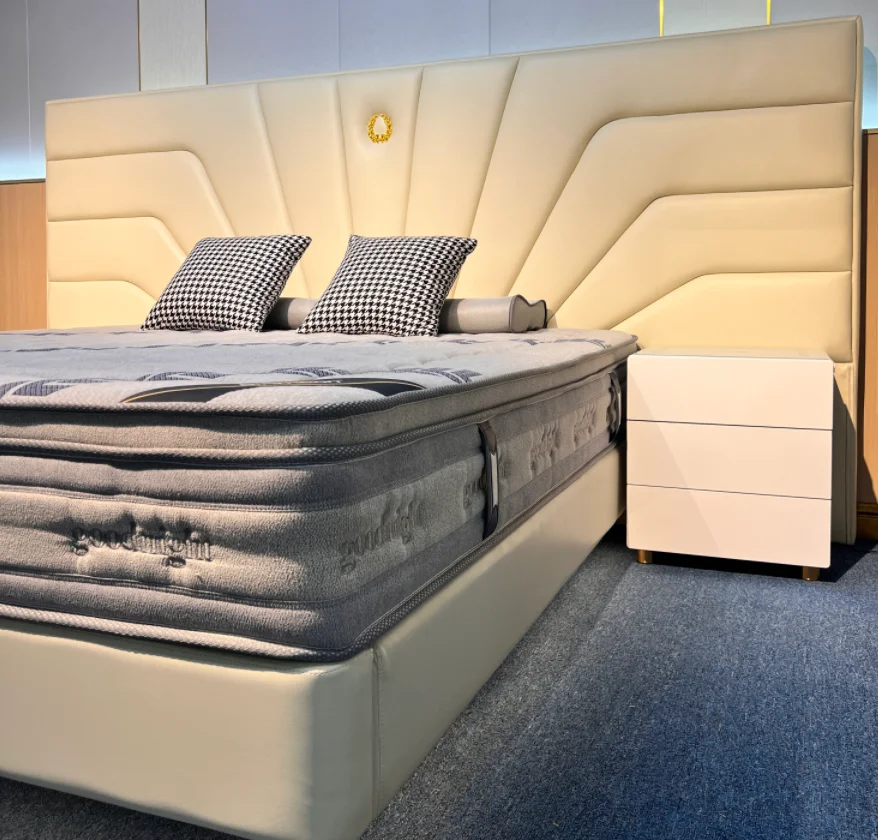 Queen size upholstered platform solid wood bed frame golden metal legs beige leather bedroom furniture soft bed