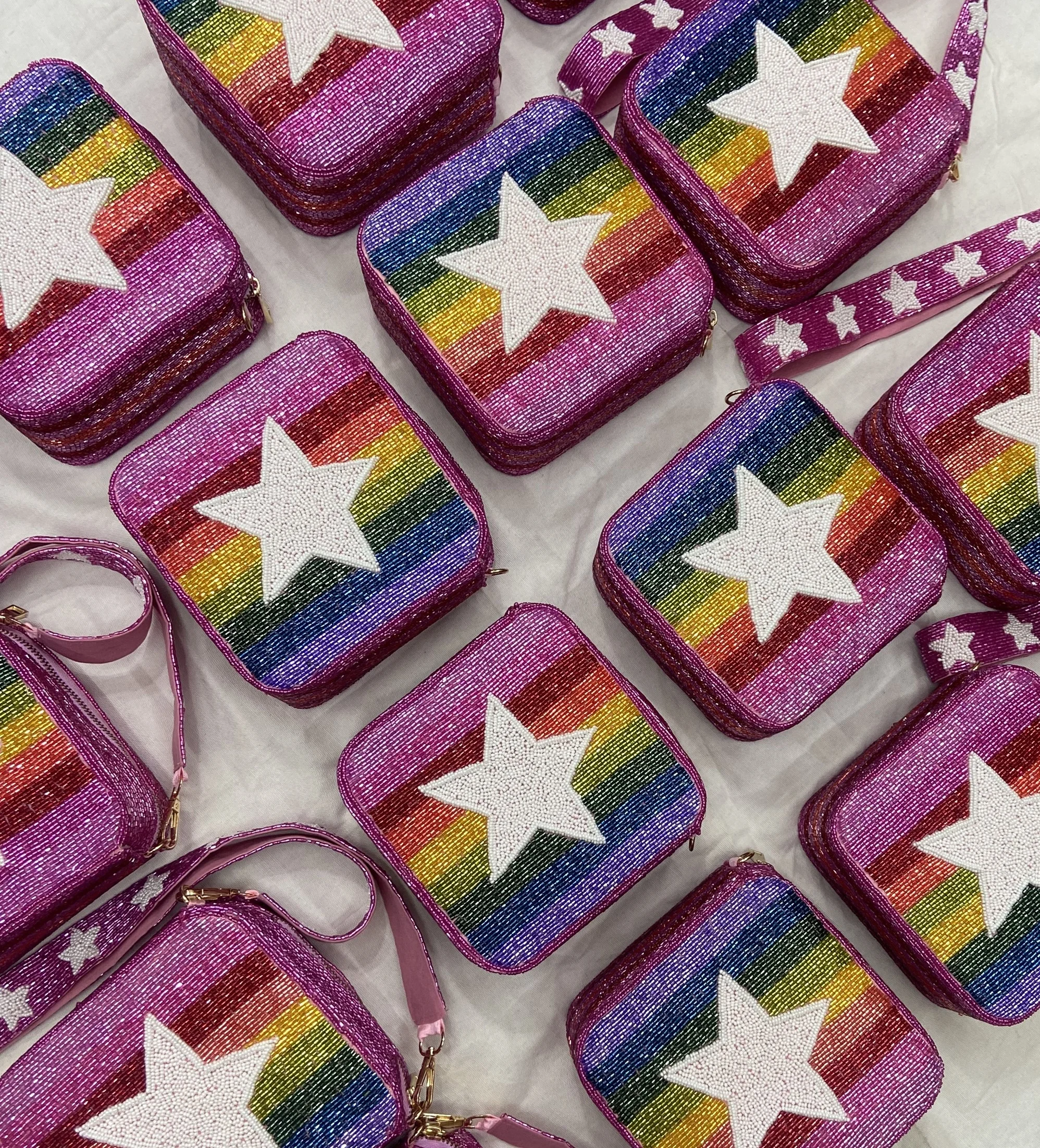 Latest Designer Woop Beaded Star Strap Box Handbag Customized Sizes Cross Body Purses for Ladies Black & White Fashion India