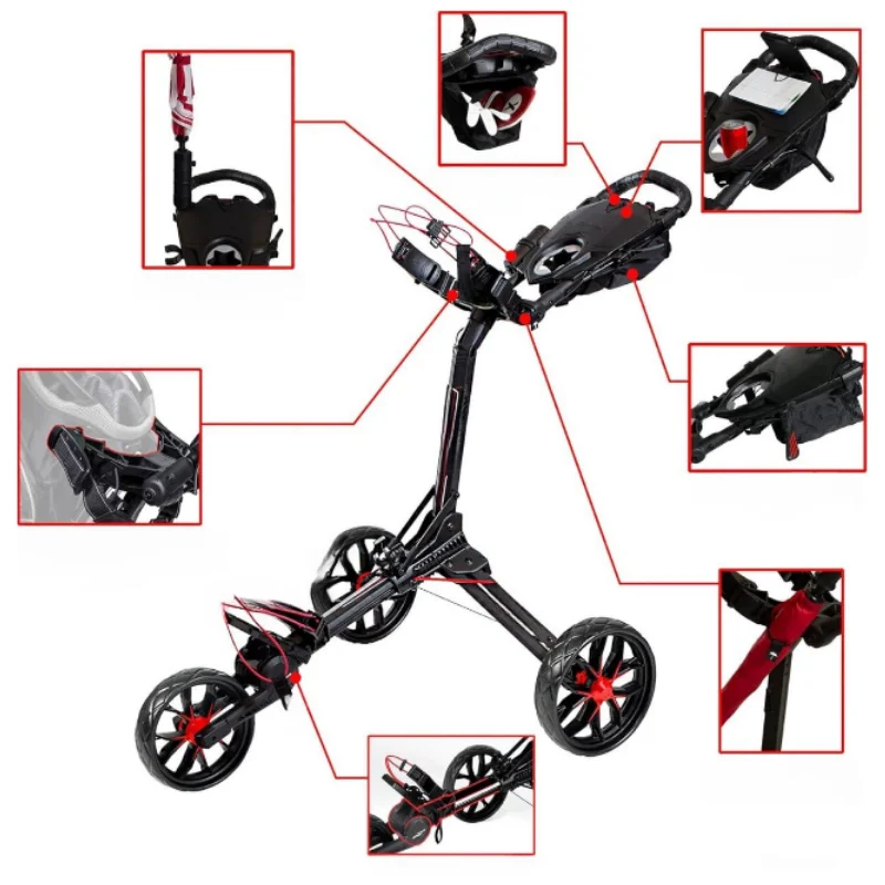 WHOLESALE 4 Wheel Golf Push Cart Lightweight Aluminum Frame, One-Click Folding, Wheels, Built-in Cooler
