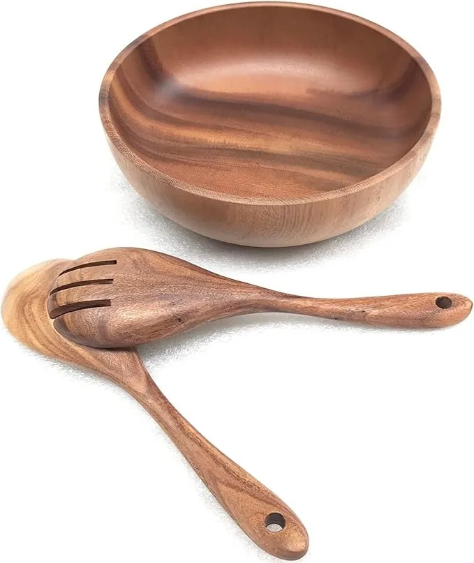 Acacia Wood Salad Bowl Set with Steel and Glass Fork and Spoon for Party Serving and Mixing Fruits Salads Cereal and Pasta