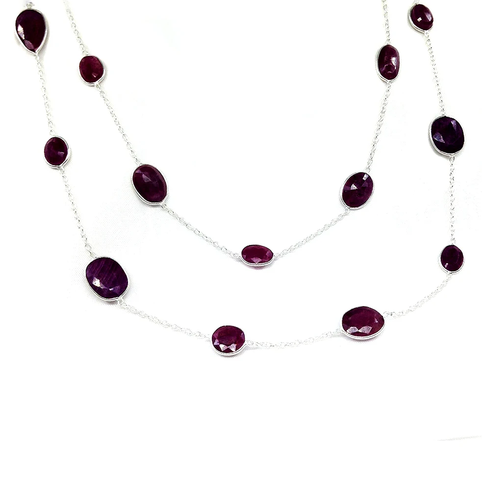 Everyday Wear 925 Sterling Silver Affordable Low MOQ Jewelry Supplier Ruby Gemstone Long Chain Necklace