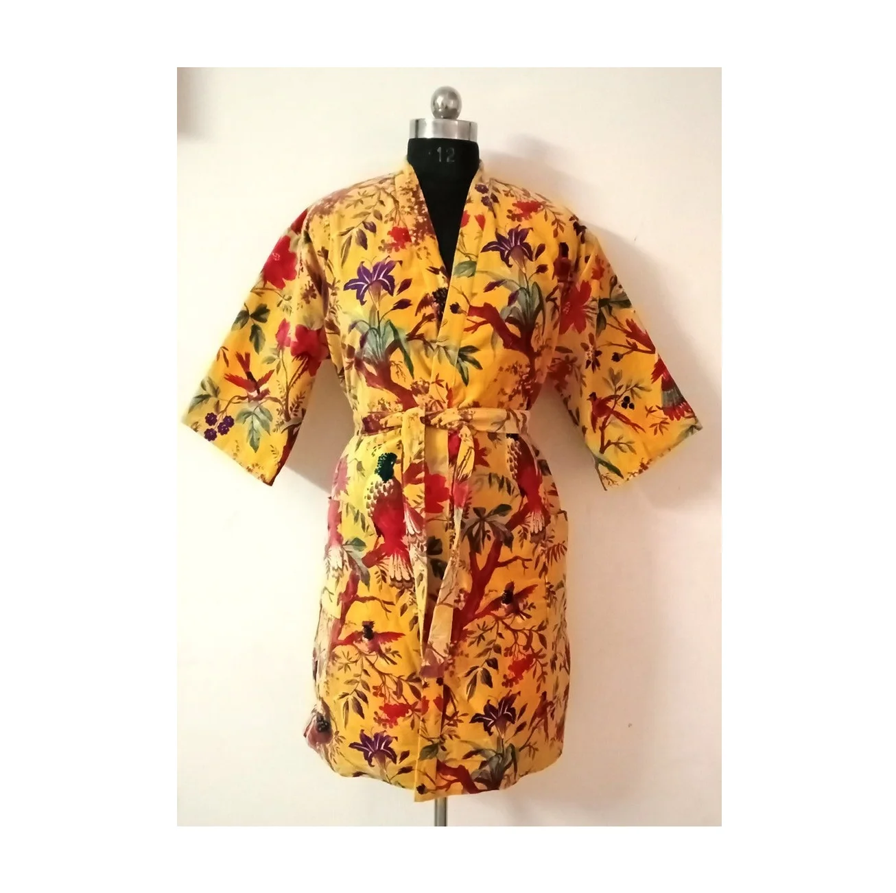 Multi Color Bird Print Velvet Long Kimono Beach Wear Dress Handmade Cover up Bath Robes Gift For Her from India