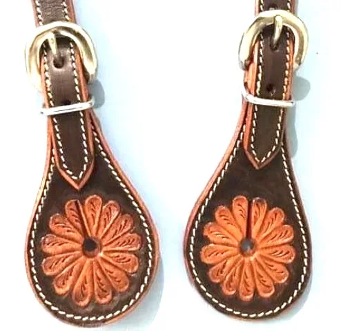 Leather very fine quality hand tolled antique Carving Spur Straps with brass fancy hardware fitting equestrian tack