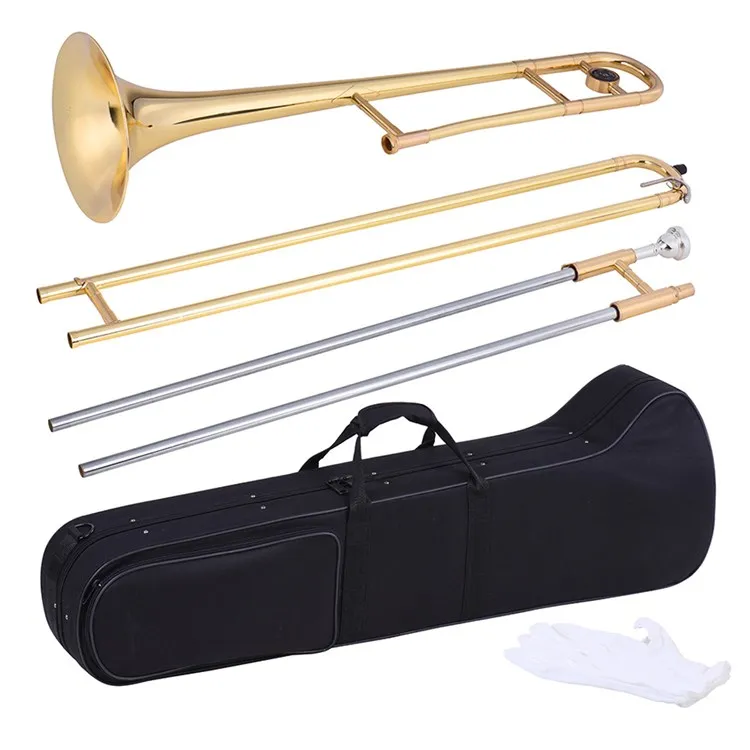 Alto Trombone Brass Gold Lacquer Bb Tone B flat Wind Instrument with Cupronickel Mouthpiece Cleaning Stick Case
