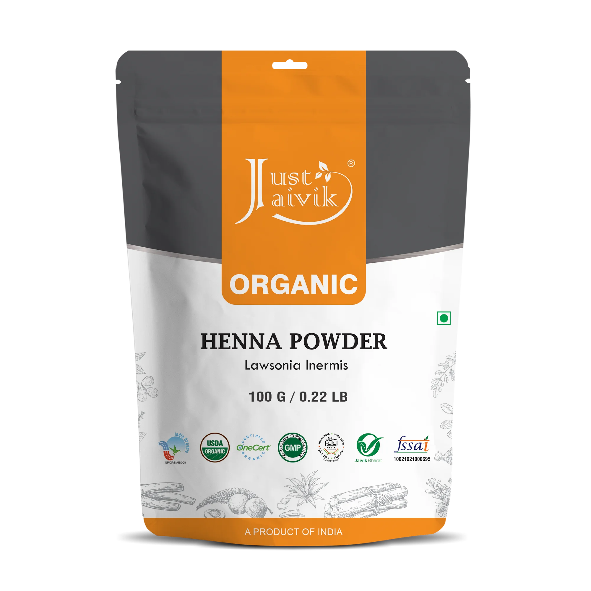 Just Jaivik Organic Henna Powder (Lawsonia Inermis) - 100g Pack