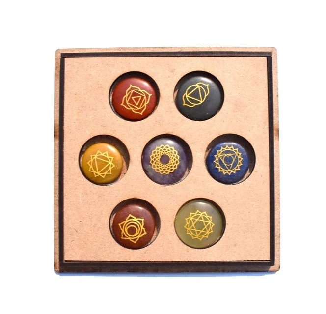 Healing Seven Chakra Round Engraved Symbol Set With Wooden Box Top Quality Seven Chakra Round Shaped Stone Meditation Box Set