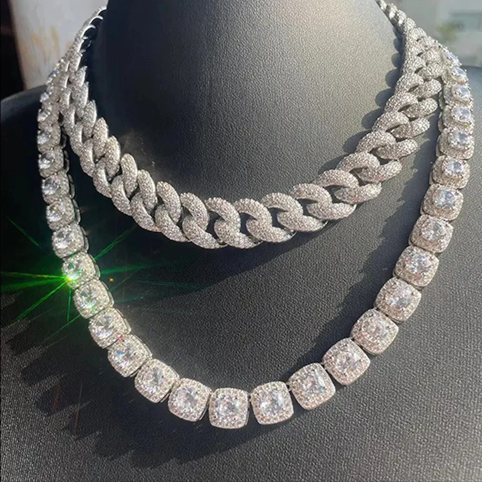 Super Selling Natural Moissanite Diamond Stone Hip Hop Necklace Dazzling Cuban Link Gold Plated Silver Chain Cross Shape Pattern