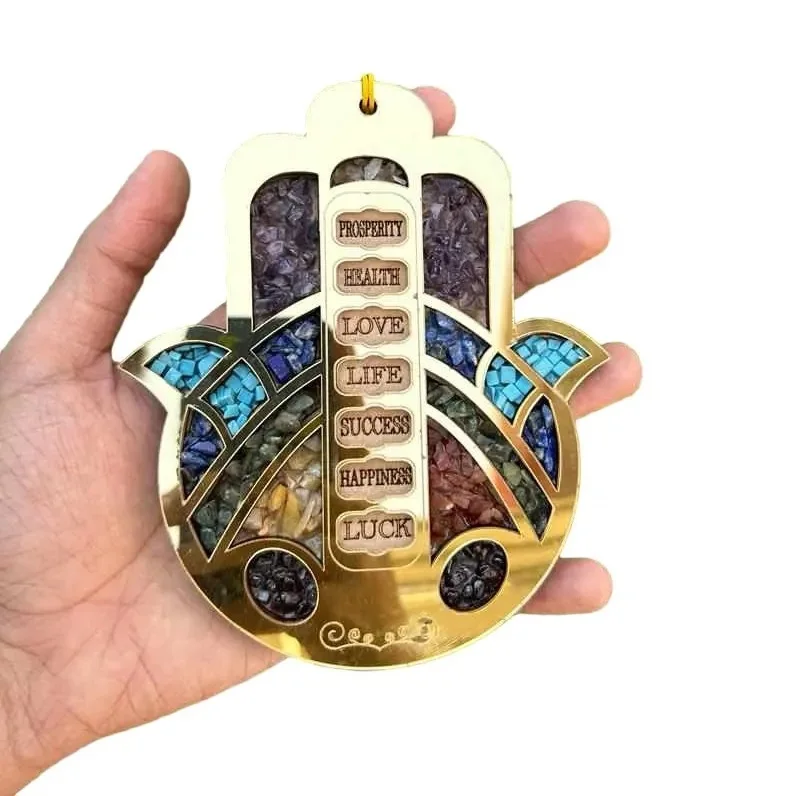 High Quality Mix Natural Gemstone Seven Blessings Hamza Hand Healing Crystals Car Hanging Wall Hanging 7 chakra Hamsa Decoration