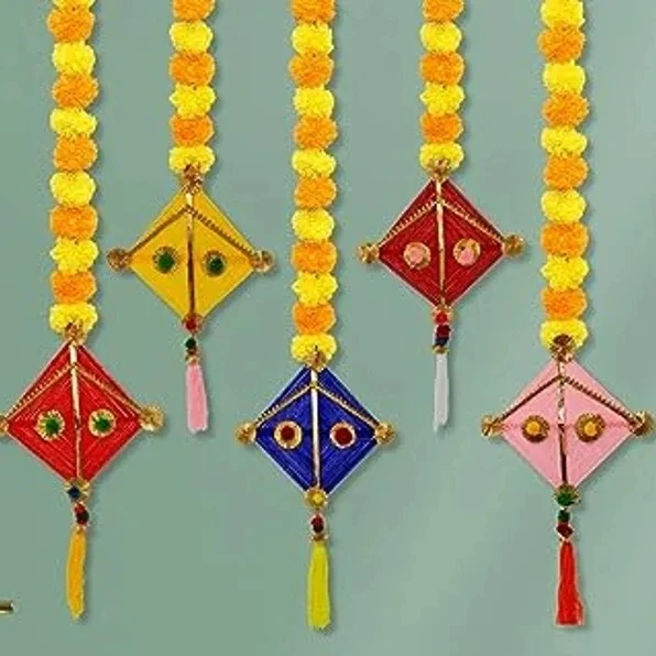 Handmade Artificial Marigold Fluffy Flowers With Colorful Woolen Hanging Kite For Home & Diwali Decoration, Wedding Decoration