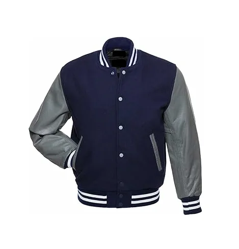 breathable 100% Cashmere Wool Body and Genuine Cowhide Leather Sleeves Dark blue & grey Letterman Varsity Jacket