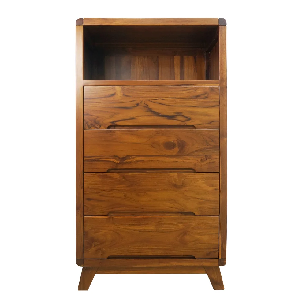 Nordic Style Teak Chest of Drawers with Tapered Legs with 1 Tier and 4 Drawers for Wardrobe Bedroom Furniture