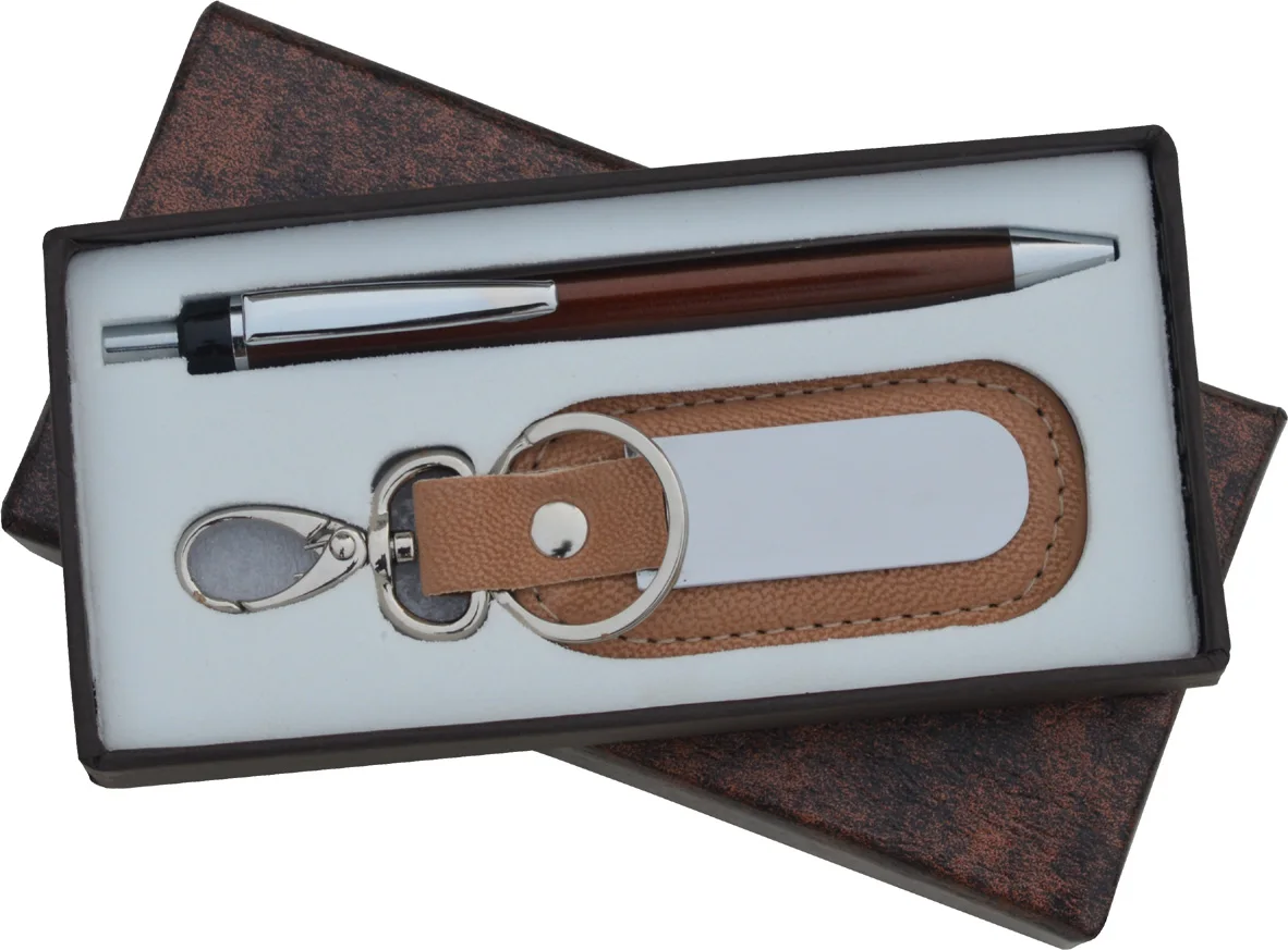 Genuine Leather Gift Combo Leather Keychain with Metal Ballpoint Pen Promotional Keychains Business Gifts