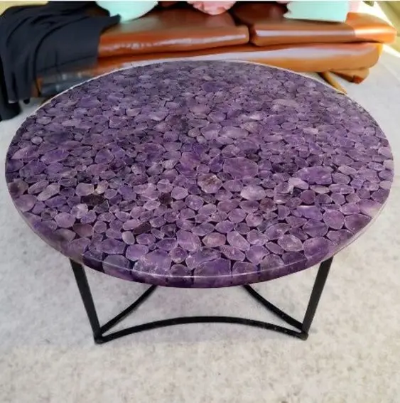 Round Shape Random Amethyst Coffee Table Top / Backlit/ Natural Stone